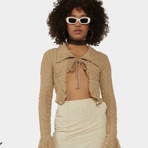 ZEMETA Long Sleeve Cropped Tie Front Mesh Top Boho Y2k Coquette Women's Small